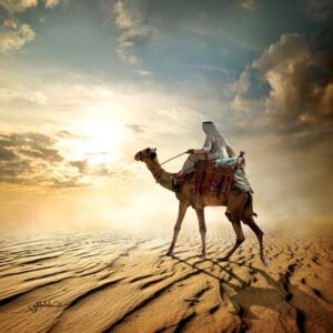 sheikh riding camel in desert